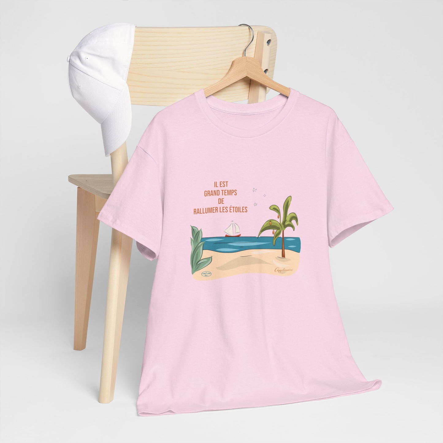 Unisex ethical cotton illustrated t-shirt - "It's high time to relight the stars" light background