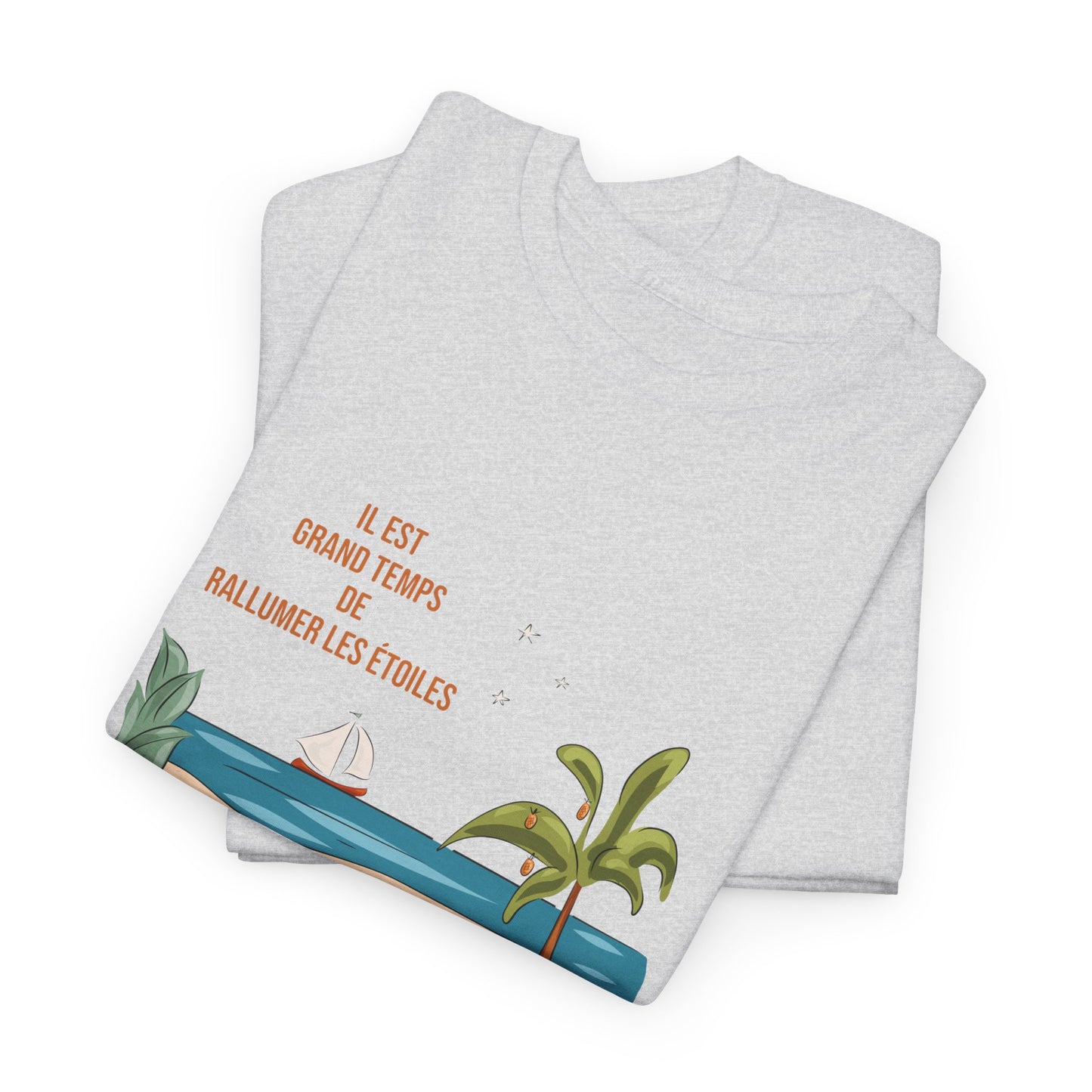 Unisex ethical cotton illustrated t-shirt - "It's high time to relight the stars" light background 