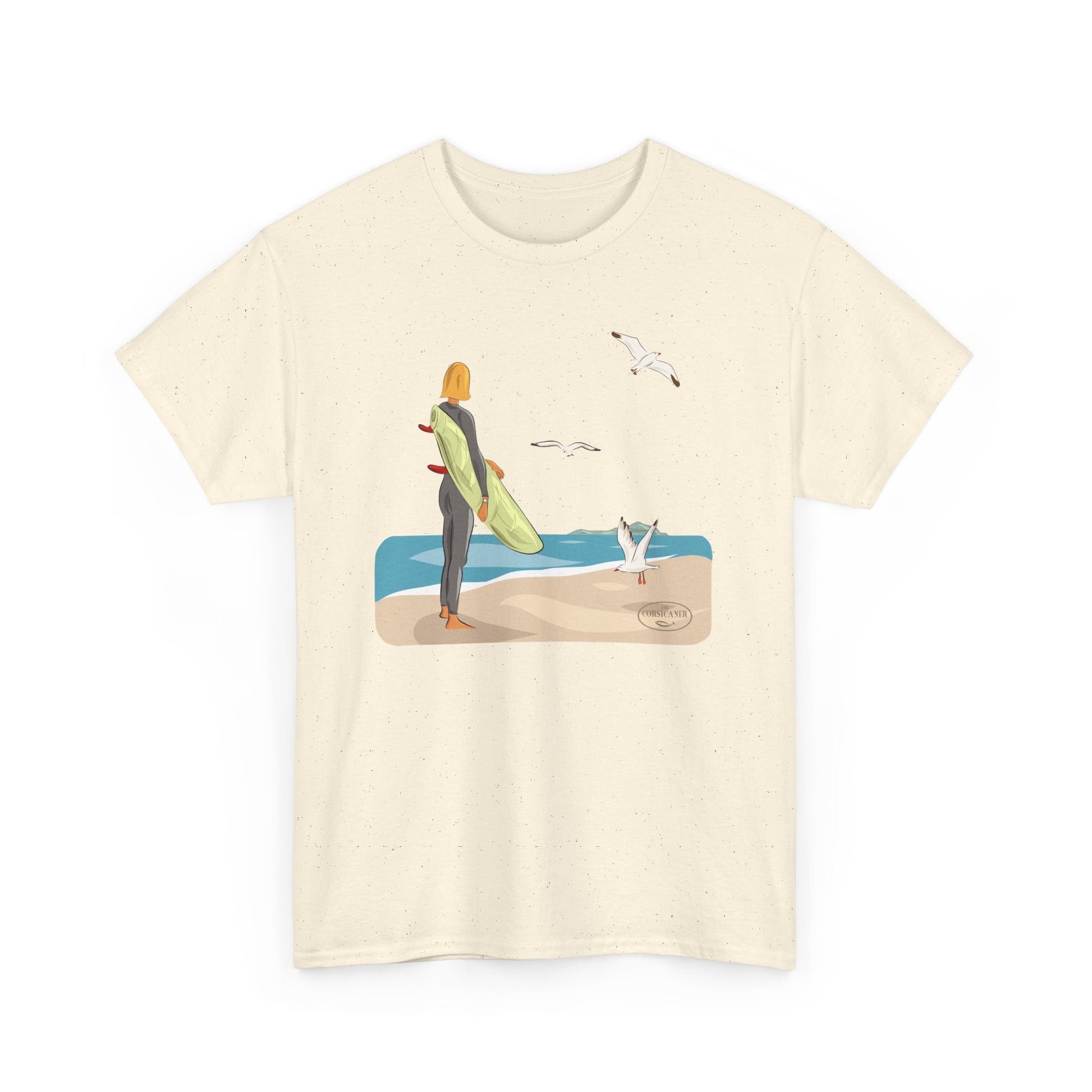 La surfeuse et les mouettes - T-shirt graphique unisexe en coton éco - responsable – - The Corsicaner