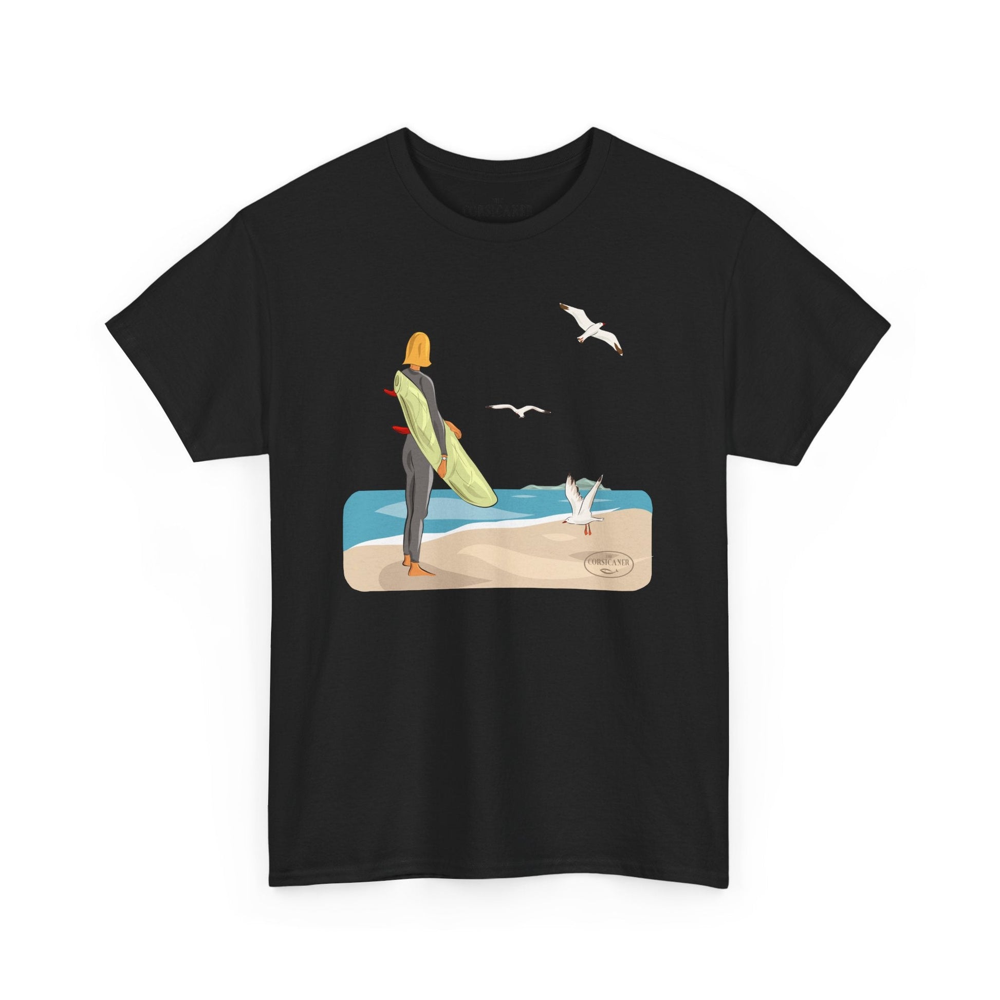 "La surfeuse et les mouettes" - T-shirt unisexe 100% coton éco - responsable - The Corsicaner