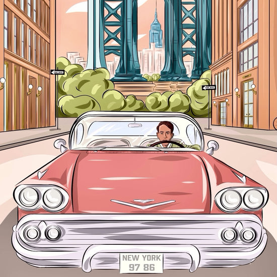 It’s dawn in New-York, a man is chasing his dreams in a pink old Chevy, Audrey Hepburn is having breakfast dreaming of a Tiffany’s diamond, a young man is going to work with his bike, the Manhattan bridge is in the background bridging day and night, reality and dream, the earth and the sky. 
Art prints available in an edition of 150, numbered and signed by French illustrator Anne F. 