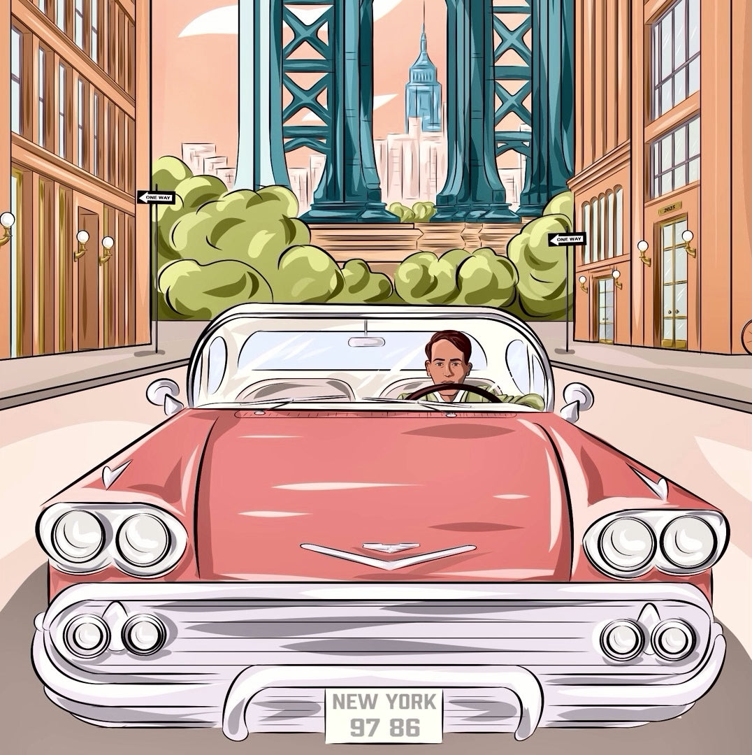 It’s dawn in New-York, a man is chasing his dreams in a pink old Chevy, Audrey Hepburn is having breakfast dreaming of a Tiffany’s diamond, a young man is going to work with his bike, the Manhattan bridge is in the background bridging day and night, reality and dream, the earth and the sky. 
Art prints available in an edition of 150, numbered and signed by French illustrator Anne F. 