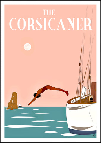 Affiche d’artiste THE CORSICANER - travel poster - wall art - art print - sail boat - seascape - poster d’art 