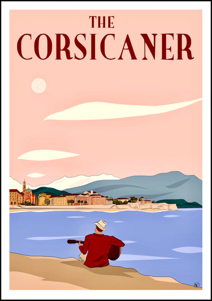 Affiche d’artiste THE CORSICANER - travel poster - guitar player by the sea - art print - poster d’art