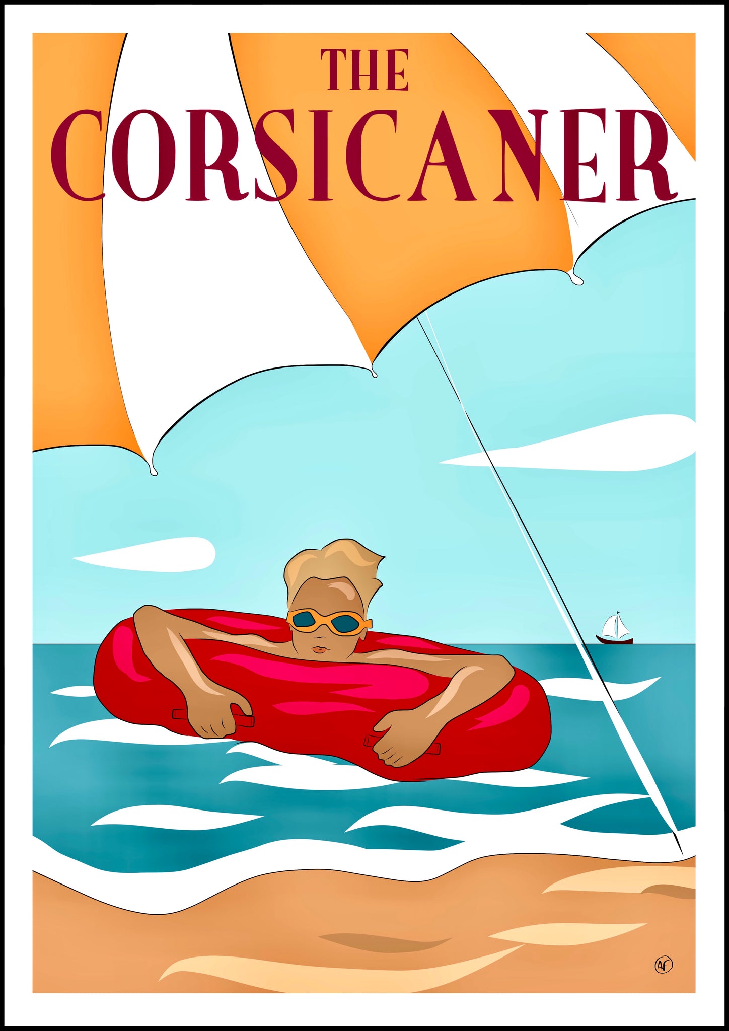 Art print THE CORSICANER, limited edition on fine art paper, boy at the beach, beach life, summer vibes , travel poster, perfect gift, illustration by Anne F.