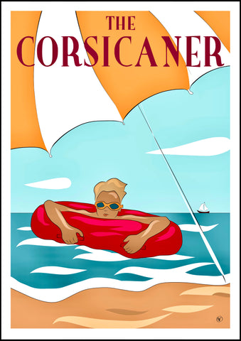 Art print THE CORSICANER, limited edition on fine art paper, boy at the beach, beach life, summer vibes , travel poster, perfect gift, illustration by Anne F.