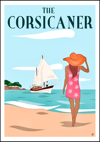 Affiche d’artiste THE CORSICANER- travel poster - wall art - art print - sail boat - seashore - woman on the beach - poster d’art