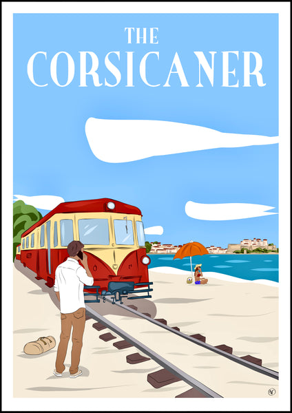 Affiche d’artiste THE CORSICANER - wall art - art print - seascape - old train - vintage - travel poster